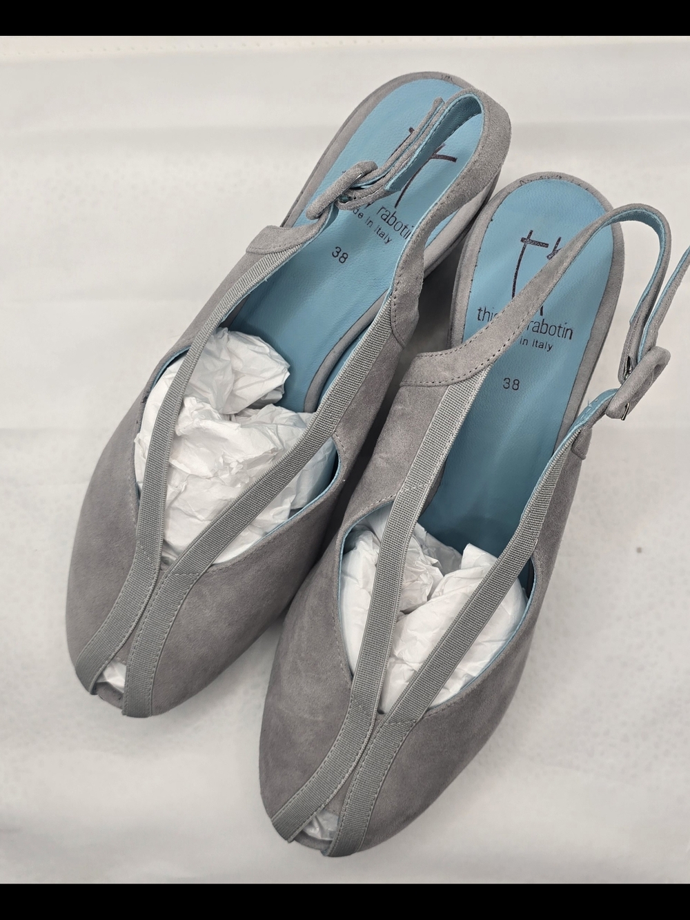 Thierry Rabotin Gray Suede Slingback Mules with Blue Insole